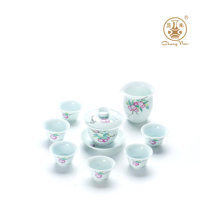玉瓷手繪“幸運常伴”8頭蓋碗茶具套裝